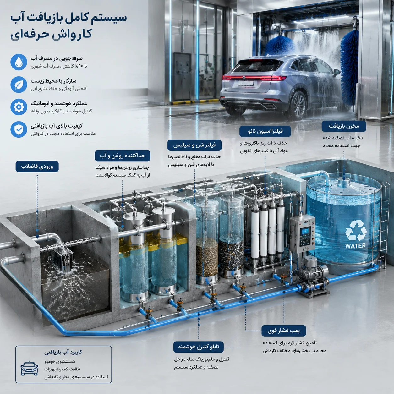 نمودار سیستم بازیافت و تصفیه آب کارواش